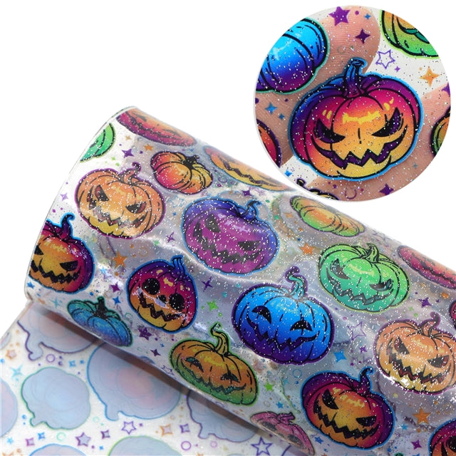 Halloween Bright Colorful Pumpkins Printed See Through Sheet  Clear Transparent Sheet FeeFiFauxLeather