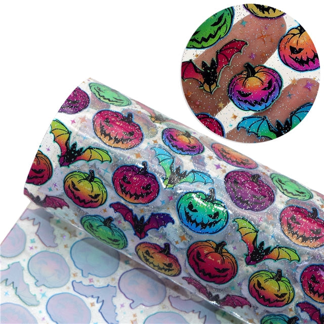 Halloween Bright Colorful Pumpkins Printed See Through Sheet  Clear Transparent Sheet FeeFiFauxLeather