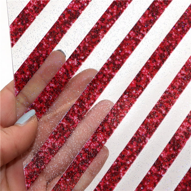 Red Stripes Candy Cane Christmas Printed See Through Vinyl ,Clear, Transparent Vinyl Sheet FeeFiFauxLeather