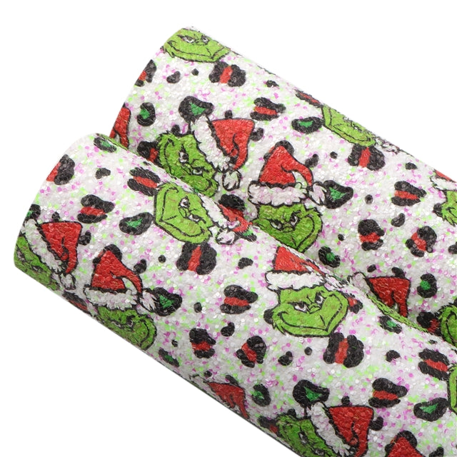 The Grinch Chunky Glitter Litchi Printed Faux Leather Sheet Litchi has a pebble like feel with bright colors FeeFiFauxLeather