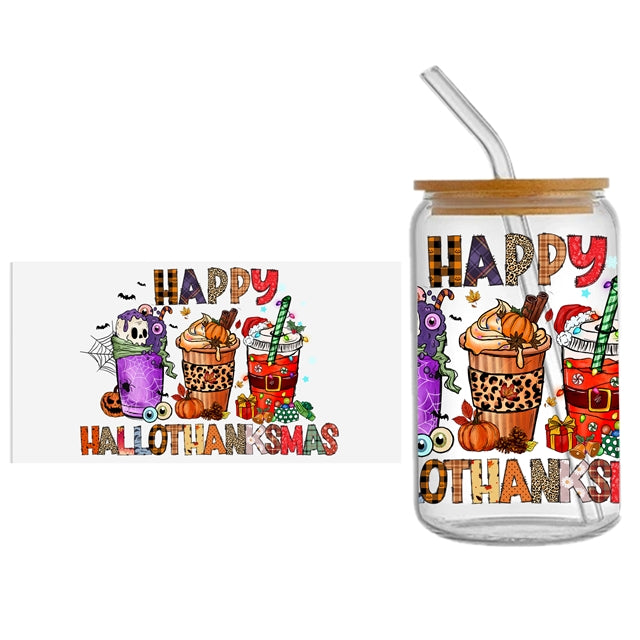 Halloween, Thanksgiving and Christmas UV DTF Glass Can Wrap for 16 oz Libbey Glass, Permanent and Ready to Apply, UV dtf Cup Wrap ready to ship, Glass Can Wrap