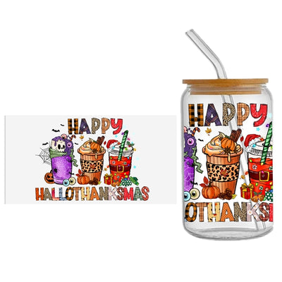 Halloween, Thanksgiving and Christmas UV DTF Glass Can Wrap for 16 oz Libbey Glass, Permanent and Ready to Apply, UV dtf Cup Wrap ready to ship, Glass Can Wrap
