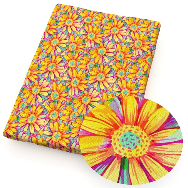 Flower Rainbow Colorful  Litchi Printed Faux Leather Sheet Litchi has a pebble like feel with bright colors