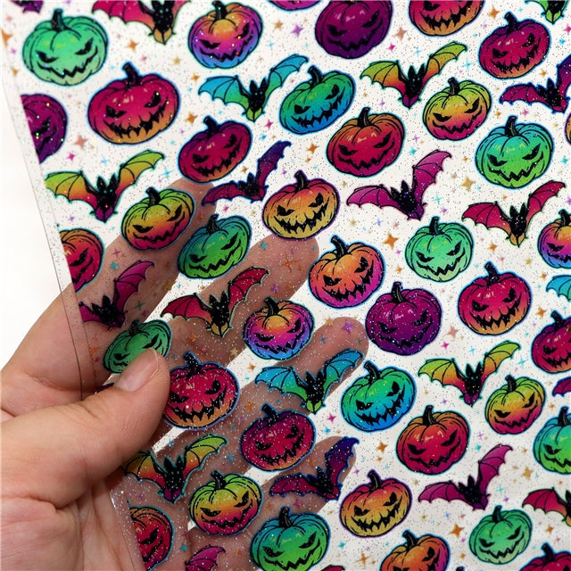 Halloween Bright Colorful Pumpkins Printed See Through Sheet  Clear Transparent Sheet FeeFiFauxLeather