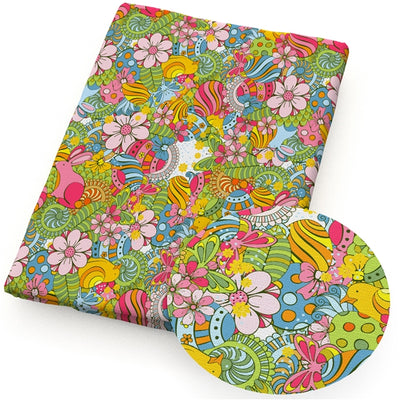 Easter Flowers Rabbits Litchi Printed Faux Leather Sheet Litchi has a pebble like feel with bright colors