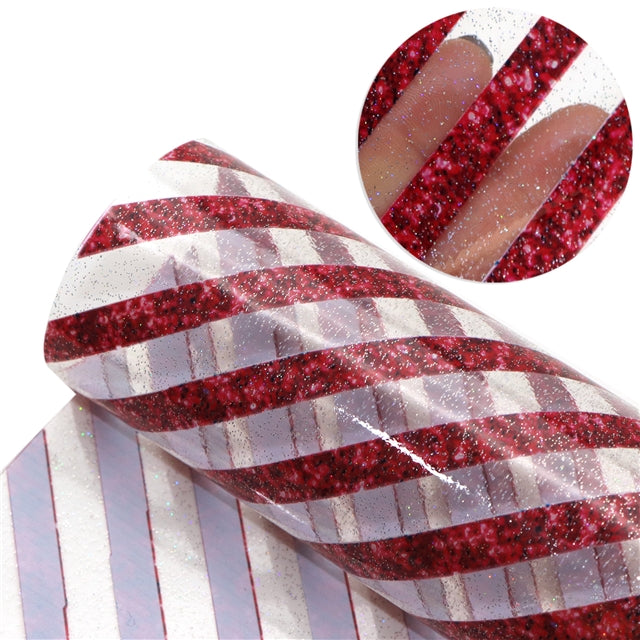 Red Stripes Candy Cane Christmas Printed See Through Vinyl ,Clear, Transparent Vinyl Sheet FeeFiFauxLeather
