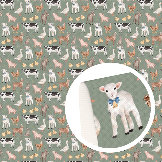 Farm Animals, Cow, Sheep, Chicken, Pig Smooth Printed Faux Leather Sheet FeeFiFauxLeather