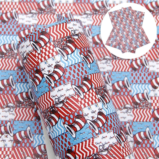 Dr Seuss The Cat In The Hat Litchi Printed Faux Leather Sheet Litchi has a pebble like feel with bright colors FeeFiFauxLeather