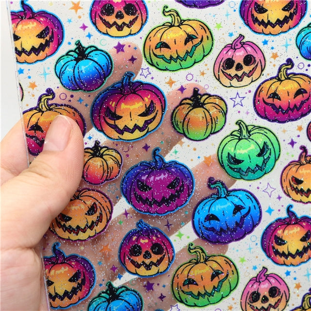 Halloween Bright Colorful Pumpkins Printed See Through Sheet  Clear Transparent Sheet FeeFiFauxLeather