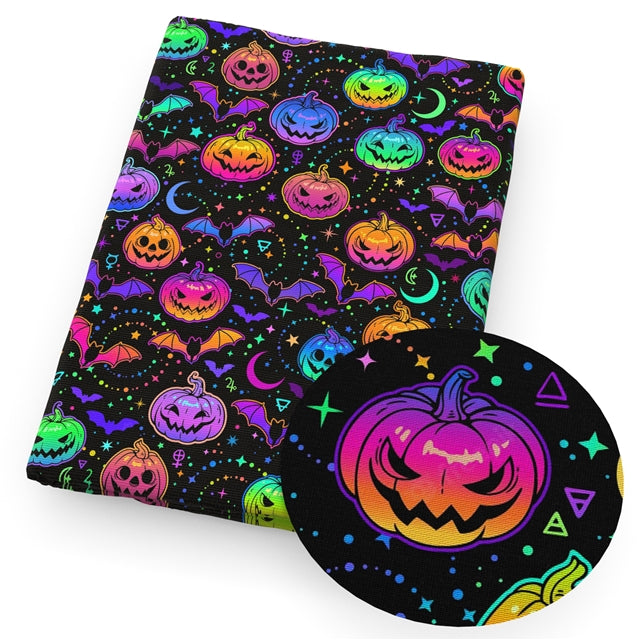 Halloween Pumpkins & Bats Bright Colors Textured Liverpool/ Bullet Fabric with a textured feel FeeFiFauxLeather