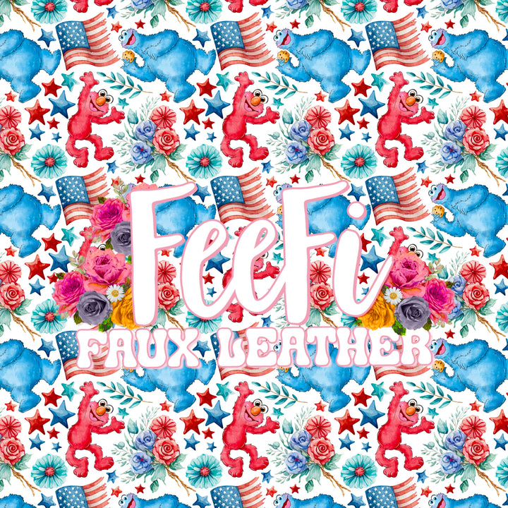 Elmo and Friends Printed Faux Leather Sheet Litchi has a pebble like feel with bright colors FeeFiFauxLeather