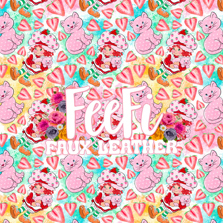 Strawberry Shortcake Printed Faux Leather Sheet Litchi has a pebble like feel with bright colors FeeFiFauxLeather