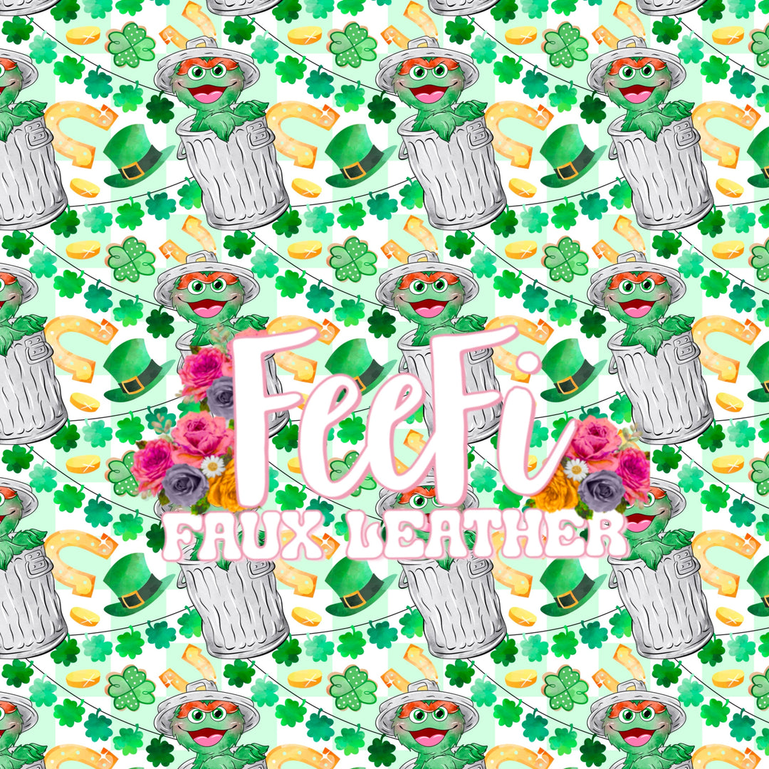 Oscar The Grouch Printed Faux Leather Sheet Litchi has a pebble like feel with bright colors FeeFiFauxLeather
