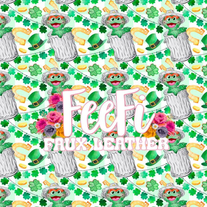 Oscar The Grouch Printed Faux Leather Sheet Litchi has a pebble like feel with bright colors FeeFiFauxLeather