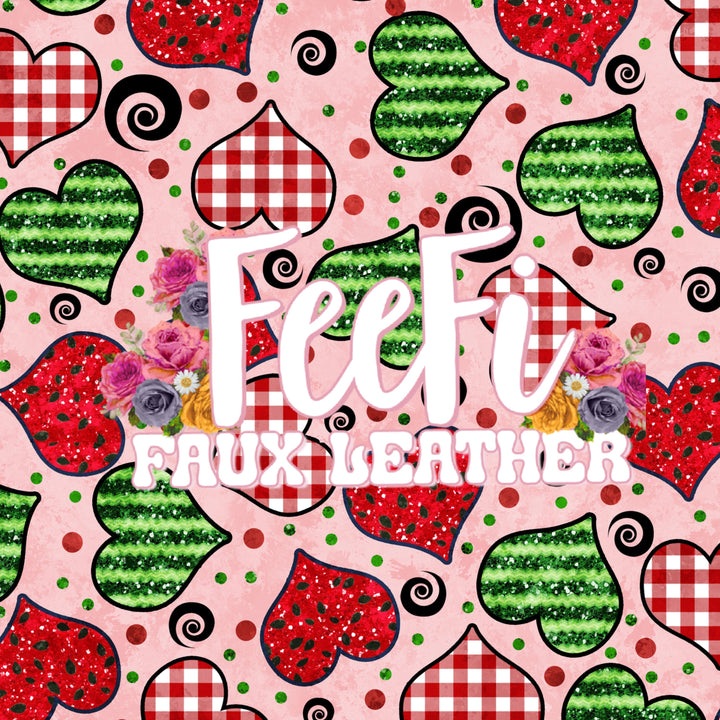 Watermelon Hearts Litchi Printed Faux Leather Sheet Litchi has a pebble like feel with bright colors FeeFiFauxLeather