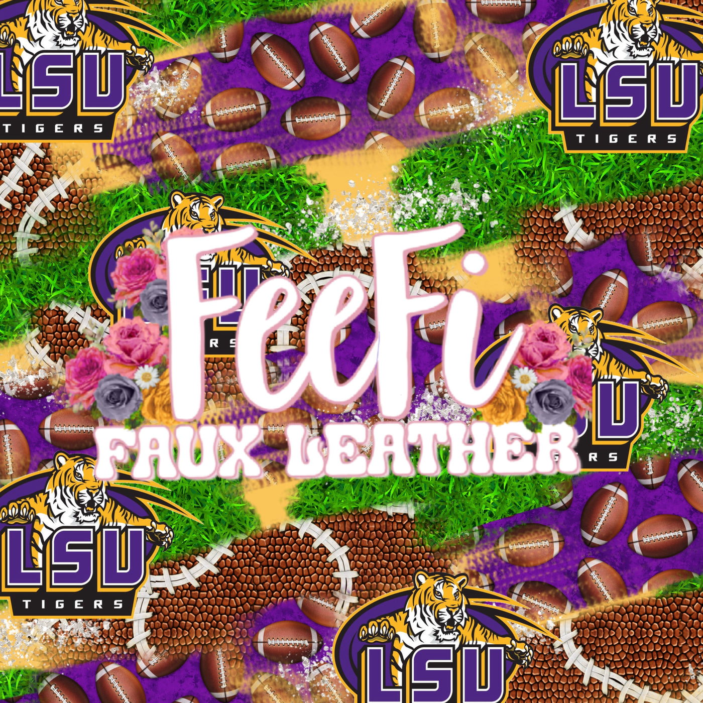 LSU Football Printed Faux Leather Sheet Litchi has a pebble like feel with bright colors
