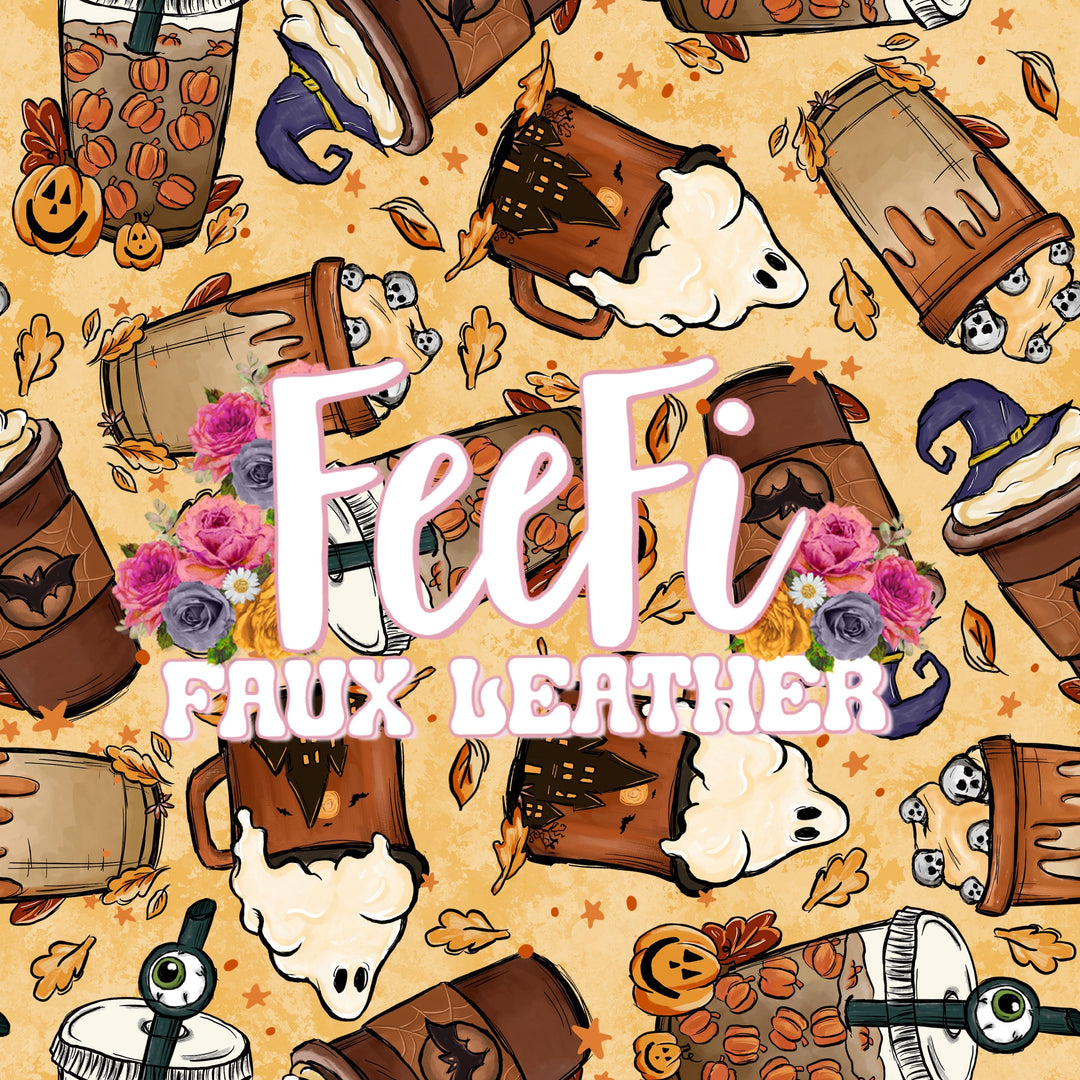 Lost World Fall Halloween Coffee Litchi Printed Faux Leather Sheet Litchi has a pebble like feel with bright colors FeeFiFauxLeather