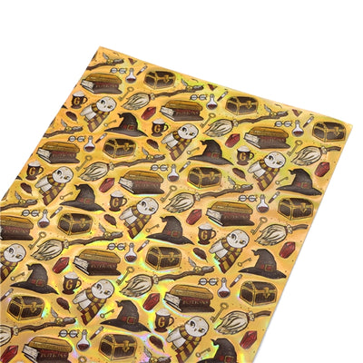 Harry Potter Holographic Litchi Printed Faux Leather Sheet Litchi has a pebble like feel with bright colors
