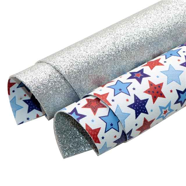 Red White and Blue Stars Glitter Double Pattern Faux Leather Sheet FeeFiFauxLeather