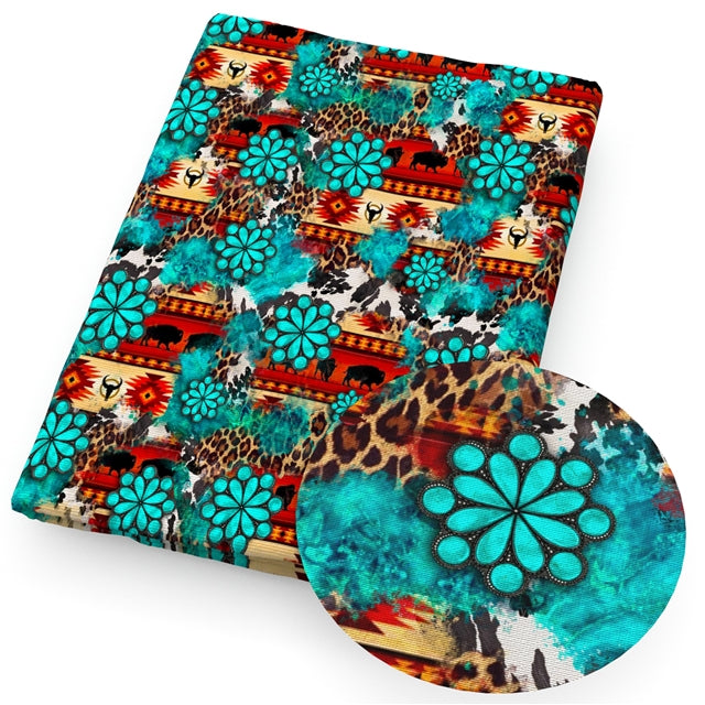 Western Style Blue Printed Smooth Faux Leather Sheet FeeFiFauxLeather