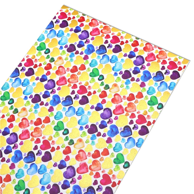 Rainbow Hearts Print Gold Foil Printed Faux Leather Sheet Bright colors