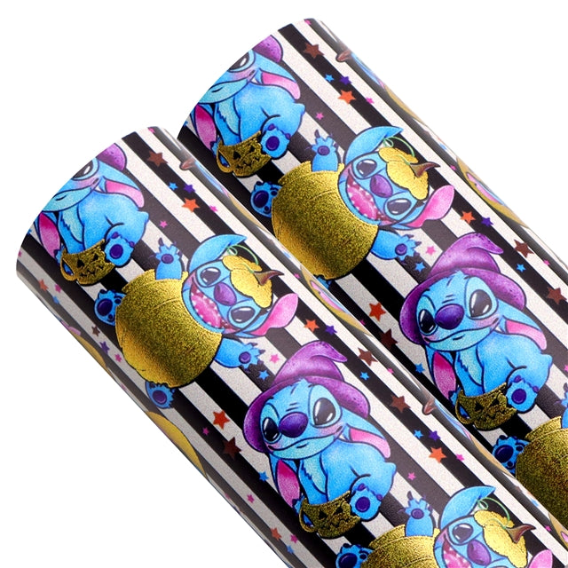 Blue Alien Halloween Gold Foil Printed Faux Leather Sheet Bright colors FeeFiFauxLeather