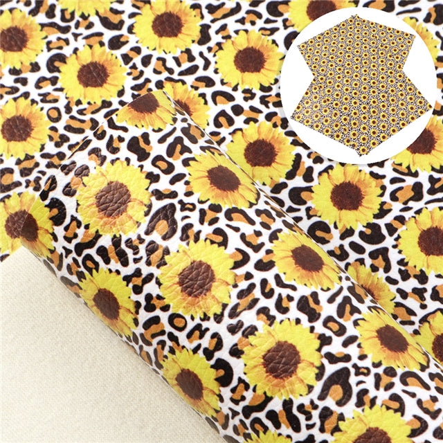 Sunflowers on Leopard Smooth Printed Faux Leather Sheet FeeFiFauxLeather