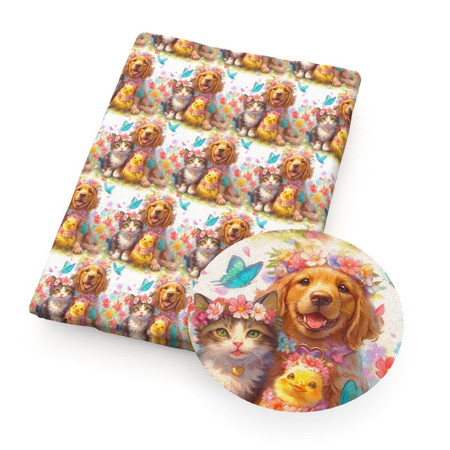 Dog Cat Flowers Easter Smooth Printed Faux Leather Sheet FeeFiFauxLeather