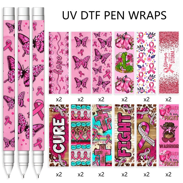Breast Cancer Awareness Pen UV DTF Wrap – 24 Pieces per set Wrap for DIY Pens FeeFiFauxLeather