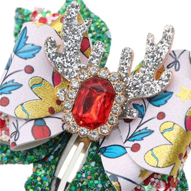 Christmas Printed Faux Leather Pre-Cut Bow Clip Includes Centerpiece