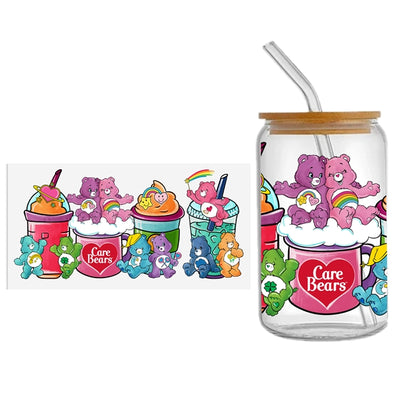 Care Bears UV DTF Glass Can Wrap for 16 oz Libbey Glass, Permanent and Ready to Apply, UV dtf Cup Wrap ready to ship, Glass Can Wrap