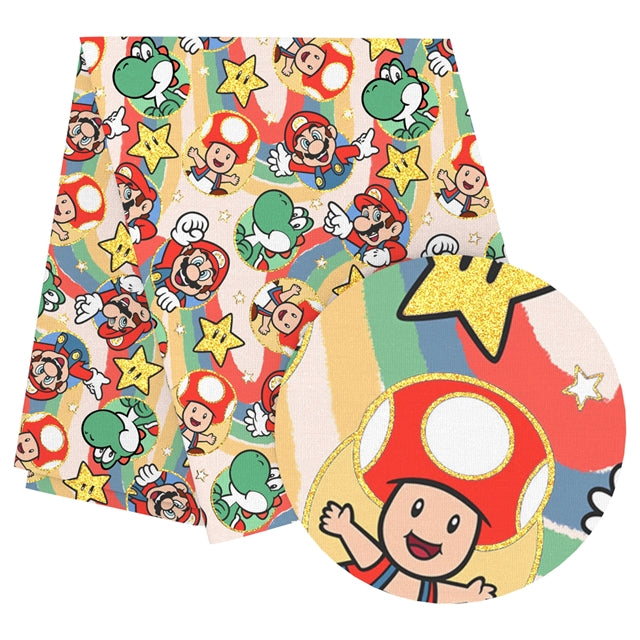 Super Mario with Sidekicks Gold Foil Printed Faux Leather Sheet FeeFiFauxLeather