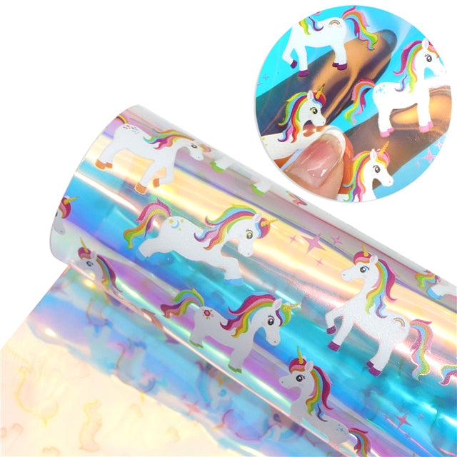 Unicorns Rainbow Holographic Printed Faux Leather Print Sheet FeeFiFauxLeather
