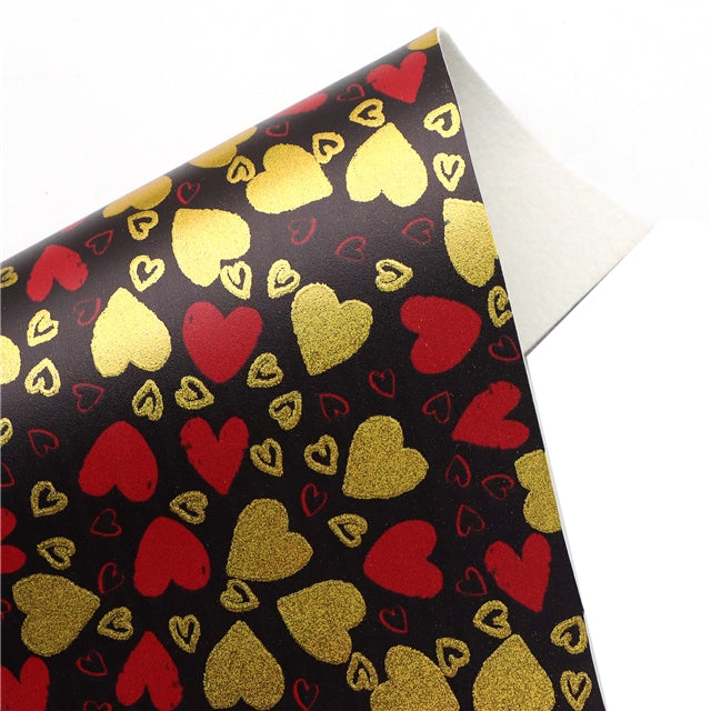 Hearts Valentine Print Gold Foil Printed Faux Leather Sheet Bright colors FeeFiFauxLeather