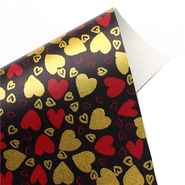 Hearts Valentine Print Gold Foil Printed Faux Leather Sheet Bright colors