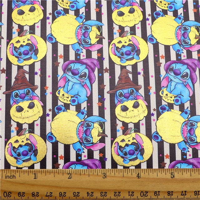 Blue Alien Halloween Gold Foil Printed Faux Leather Sheet Bright colors FeeFiFauxLeather