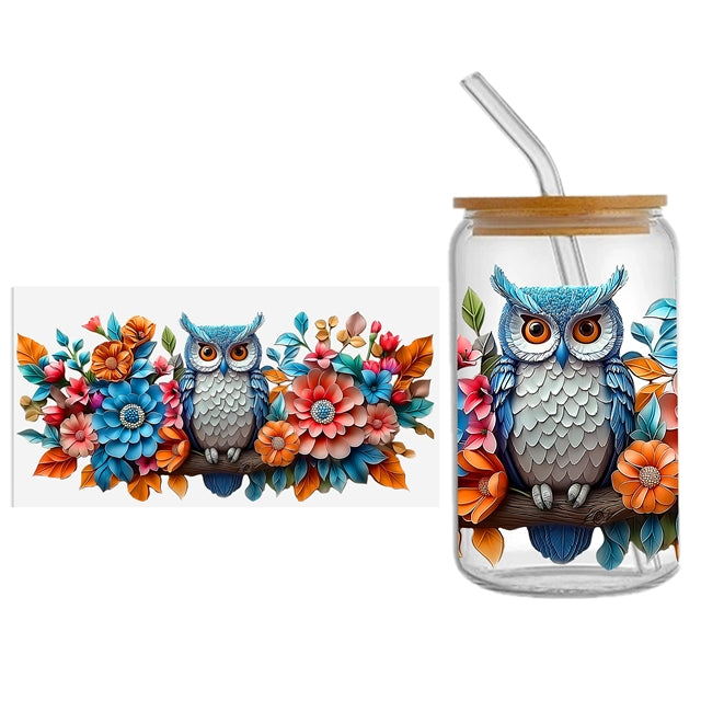 Owl Floral  UV DTF Glass Can Wrap FeeFiFauxLeather