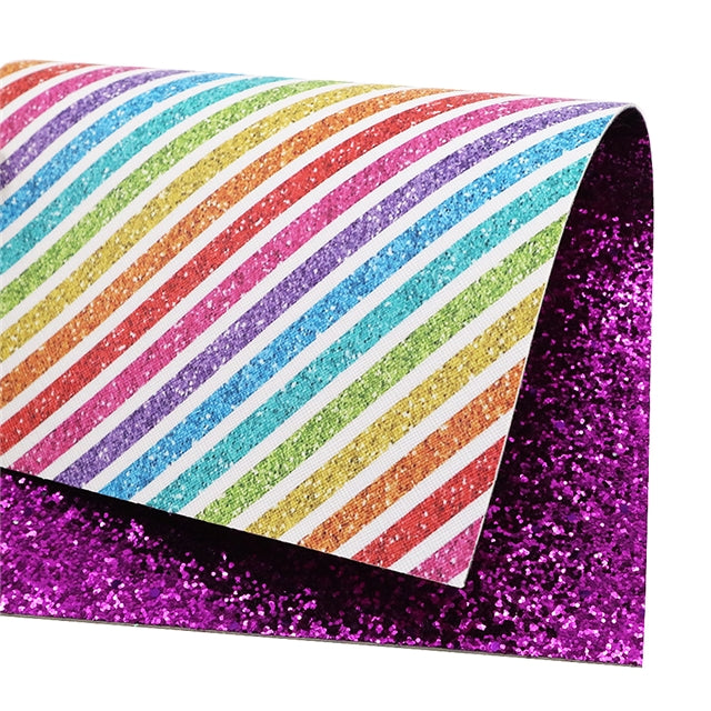 Rainbow Stripes Glitter Double Pattern Faux Leather Sheet FeeFiFauxLeather