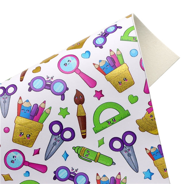 Back To School Gold Foil Printed Faux Leather Sheet Bright colors FeeFiFauxLeather