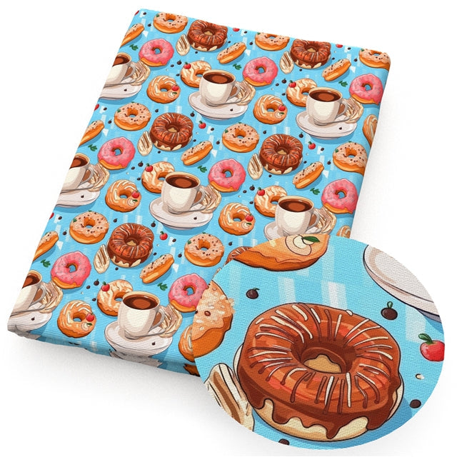 Donuts and Coffee Printed Faux Leather Sheet Litchi has a pebble like feel with bright colors FeeFiFauxLeather