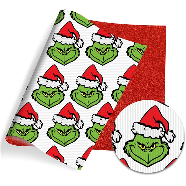 The Grinch Christmas Glitter Double Sided Pattern Faux Leather Sheet FeeFiFauxLeather