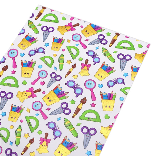 Back To School Gold Foil Printed Faux Leather Sheet Bright colors FeeFiFauxLeather