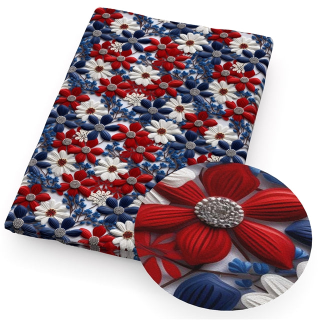 Red, White and Blue Flowers Litchi Printed Faux Leather Sheet FeeFiFauxLeather