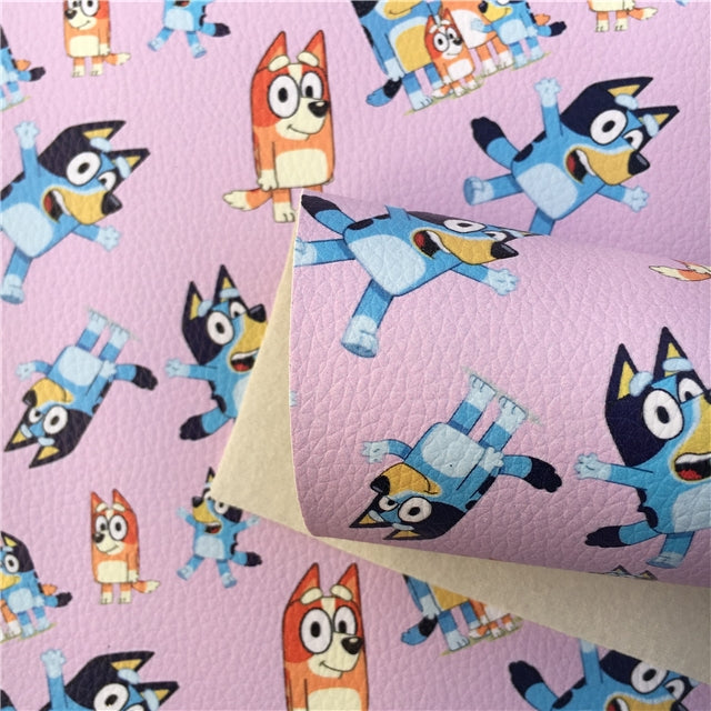 Blue Dog Cartoon Litchi Printed Faux Leather Sheet FeeFiFauxLeather