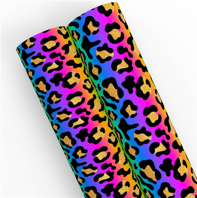 Leopard Rainbow Gold Foil Printed Faux Leather Sheet Bright colors FeeFiFauxLeather