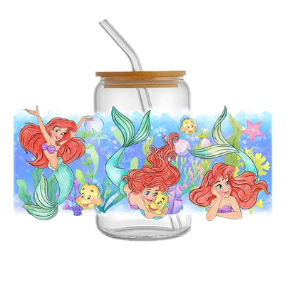 Mermaid Princess UV DTF Glass Can Wrap for 16 oz Libbey Glass, Permanent and Ready to Apply, UV dtf Cup Wrap ready to ship, Glass Can Wrap