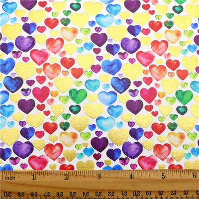 Rainbow Hearts Print Gold Foil Printed Faux Leather Sheet Bright colors