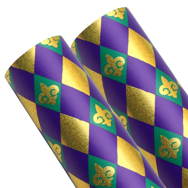 Mardi Gras Print Gold Foil Printed Faux Leather Sheet Bright colors FeeFiFauxLeather