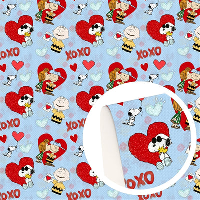 Charlie Brown Snoopy Valentine Litchi Printed Faux Leather Sheet Litchi has a pebble like feel with bright colors