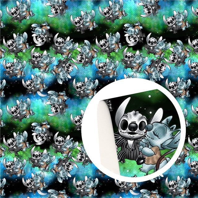 Blue Alien Halloween Litchi Printed Faux Leather Sheet FeeFiFauxLeather